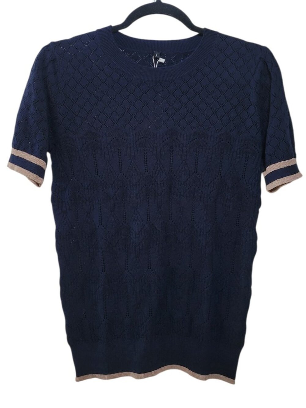 Arach & Cloz Navy Pointelle Knit Short Sleeve Sweater Top Tipped Trim Small NEW